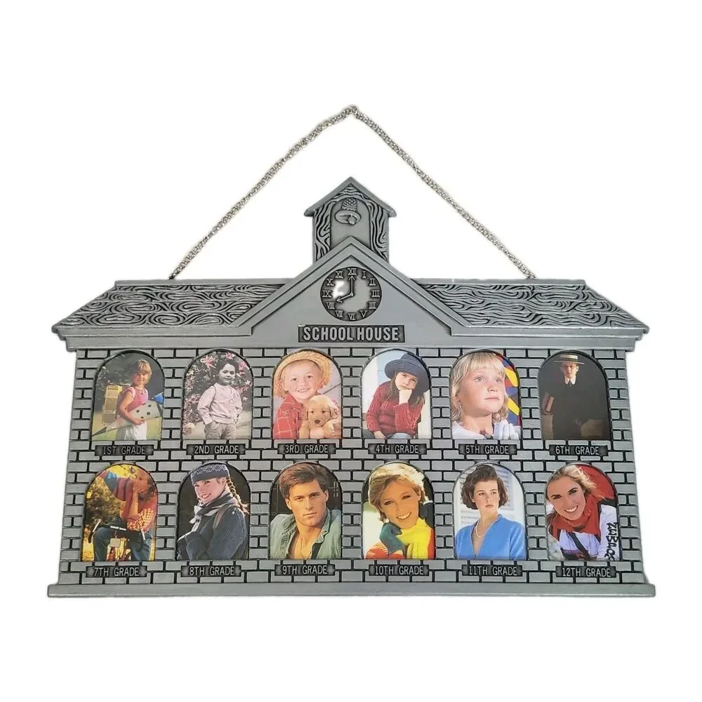 Vintage Pewter Cast Metal Schoolhouse Picture Frame School Years K-12 Collage